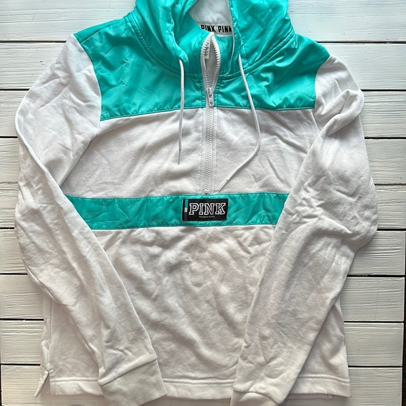 NWOT VS PINK Hoodie White Teal size M - Picture 1 of 6